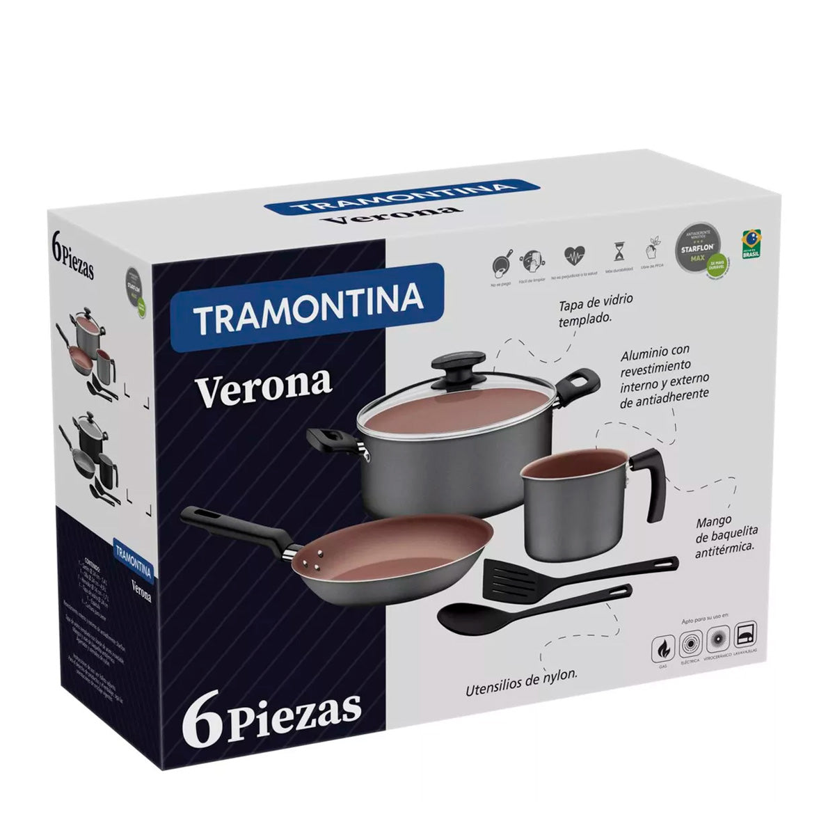 Batería de Cocina Tramontina, color Gris Claro, 6pzas