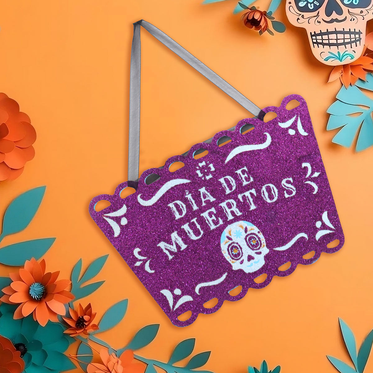 Letrero Colgante de Día de Muertos con Glitter