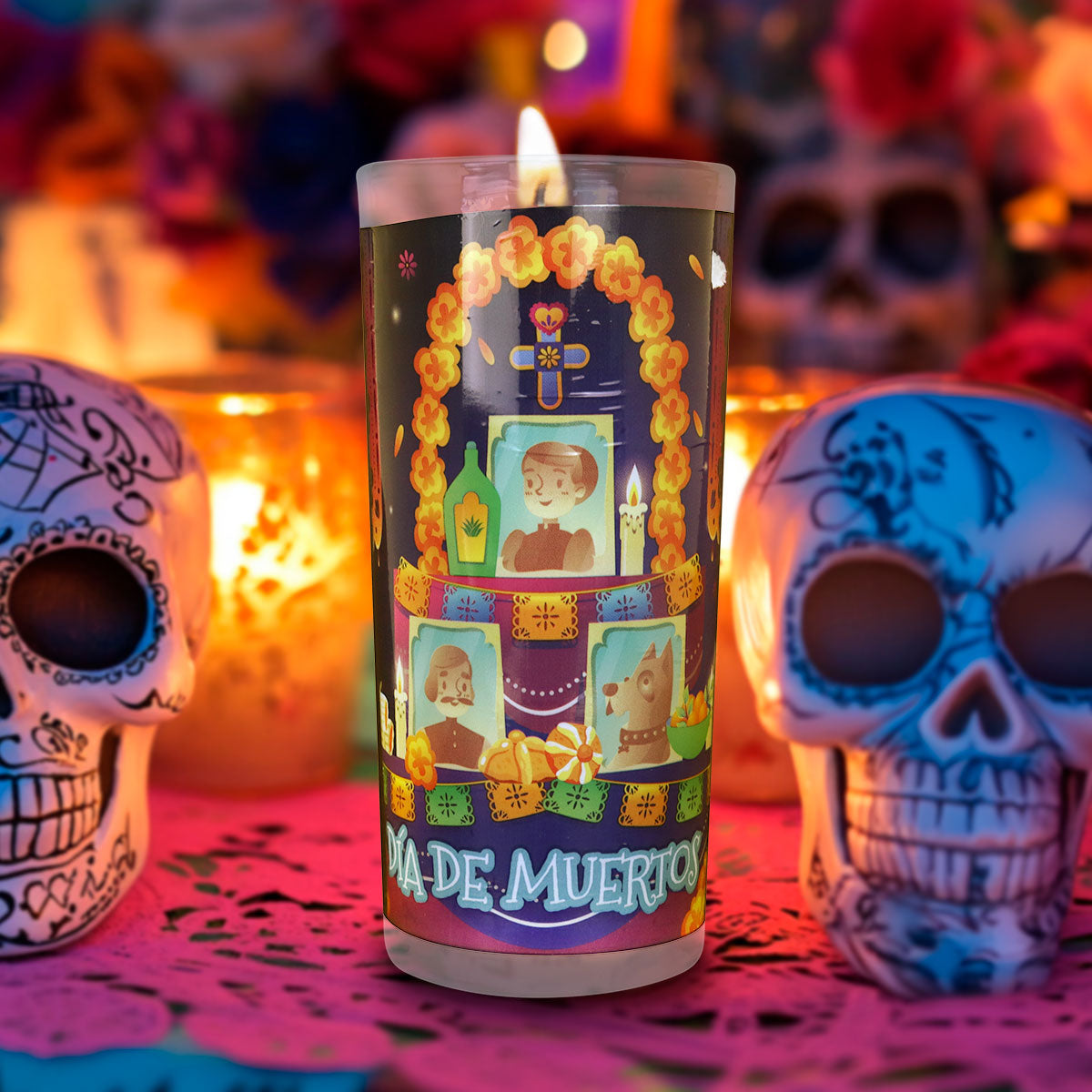 Veladora con Diseño de Altar para Día de Muertos