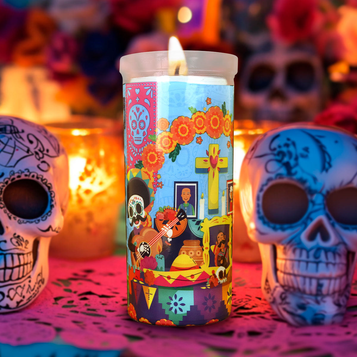 Veladora con Diseño de Ofrenda para Día de Muertos