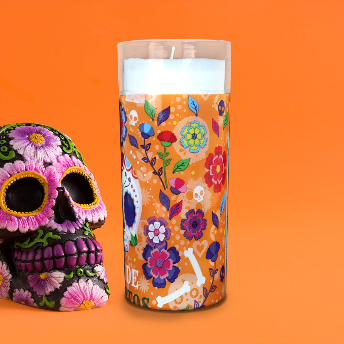 Veladora con Diseño de Calavera de Azúcar para Día de Muertos