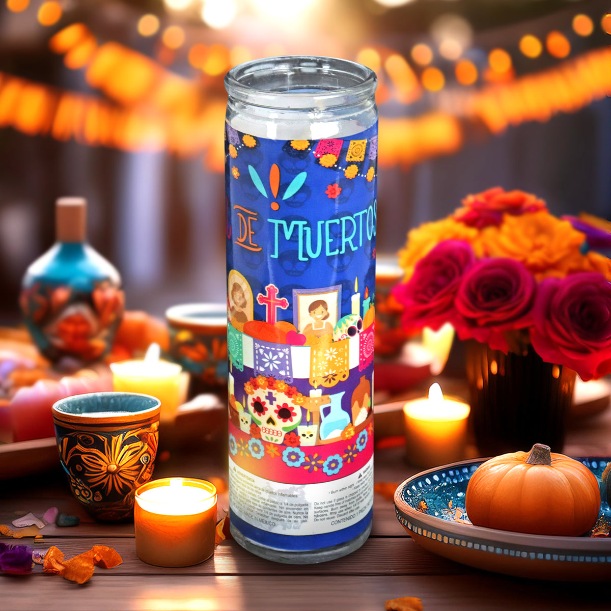 Veladora con Diseño de Altar para Día de Muertos, color Azul