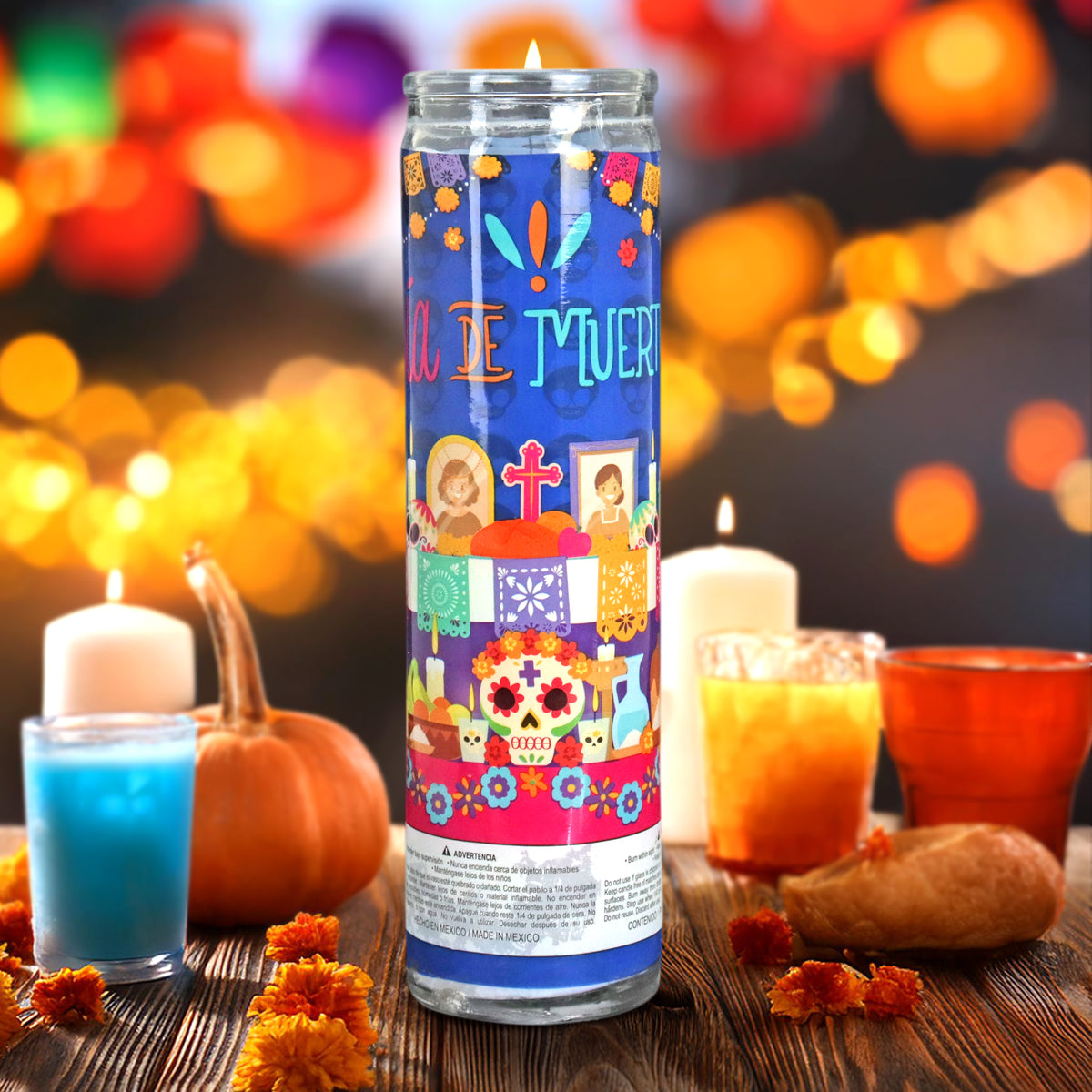 Veladora con Diseño de Altar para Día de Muertos, color Azul