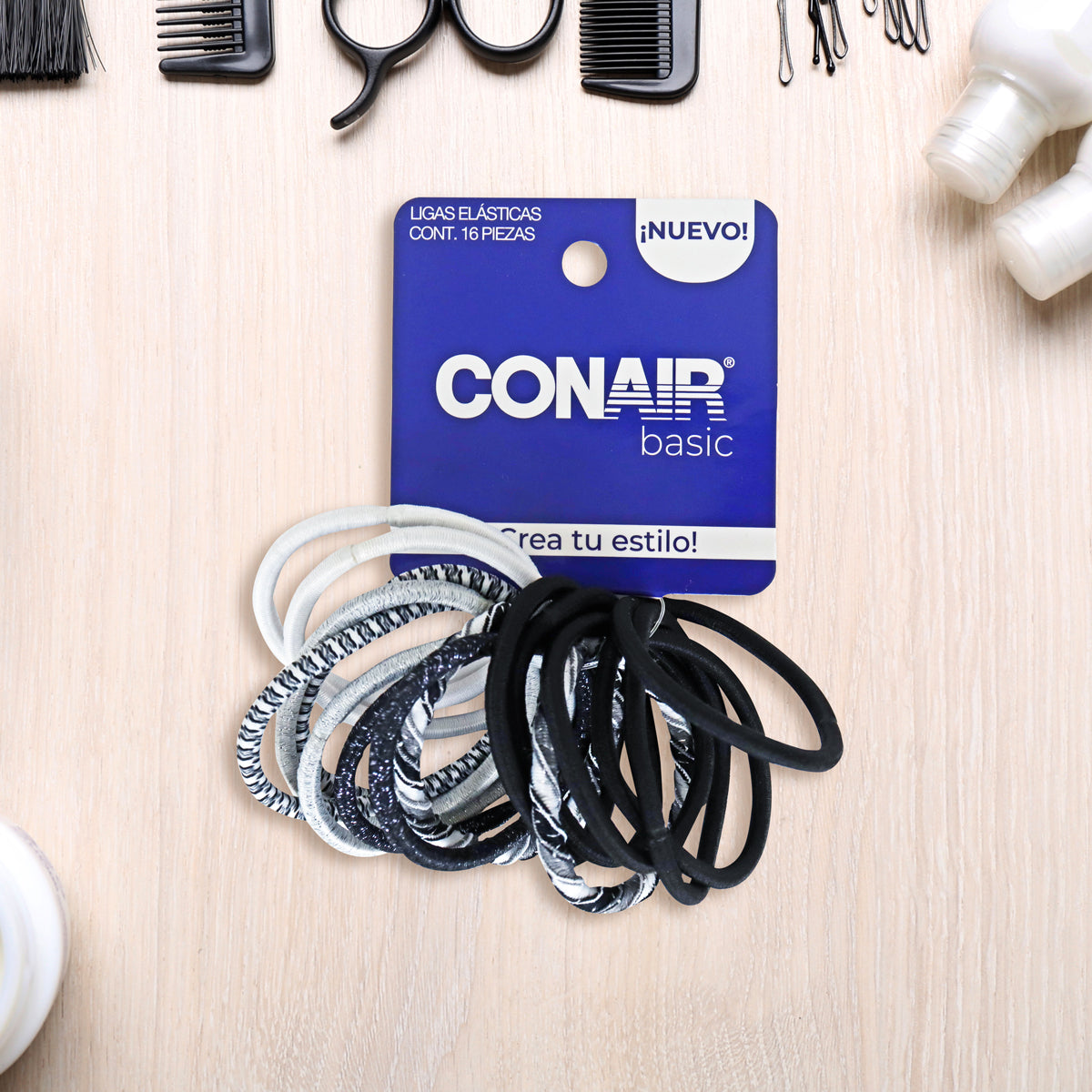 Ligas color Negro con Blanco para el Cabello, Conair