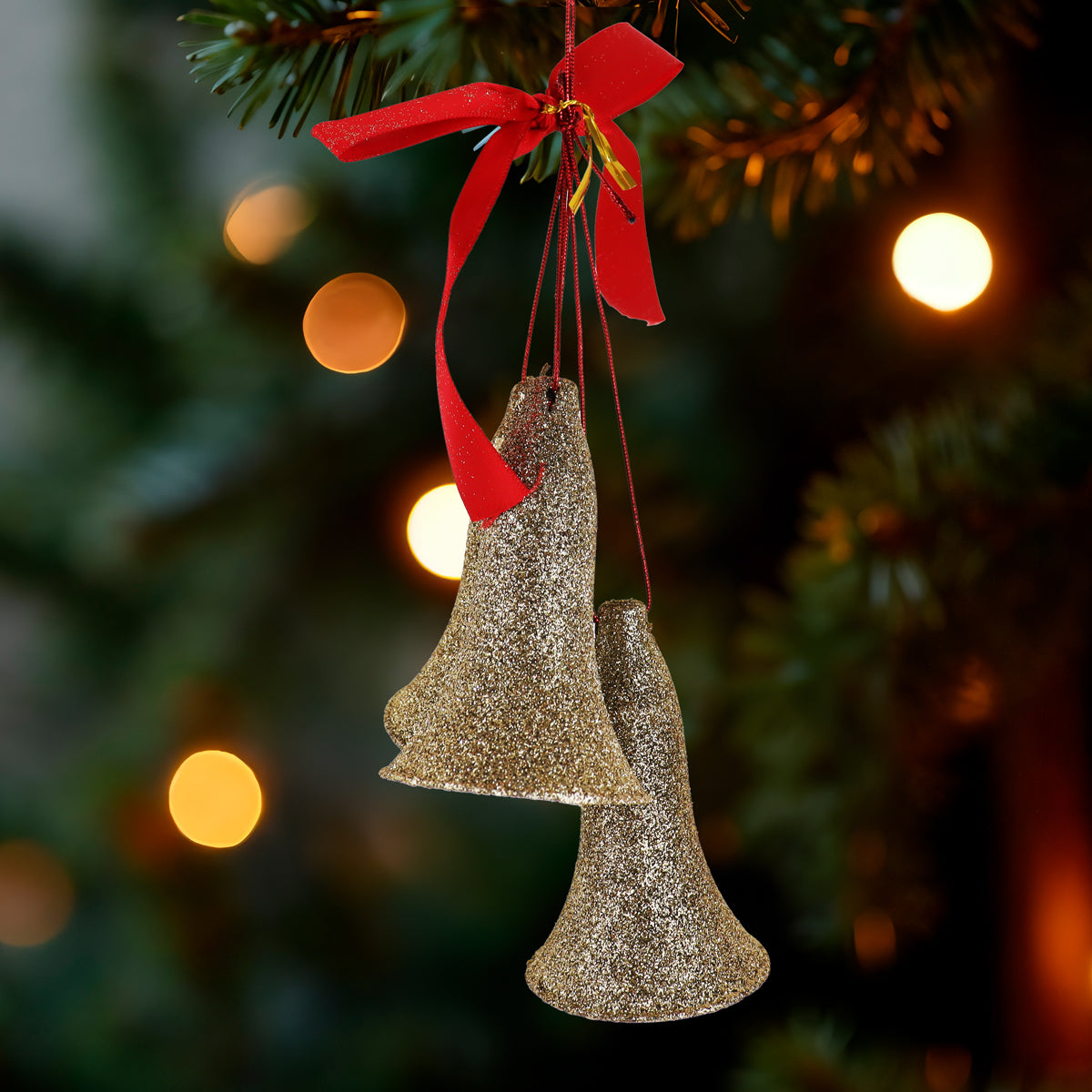 Ornamento Campanas Glitter, Color Dorado, 3 pzas