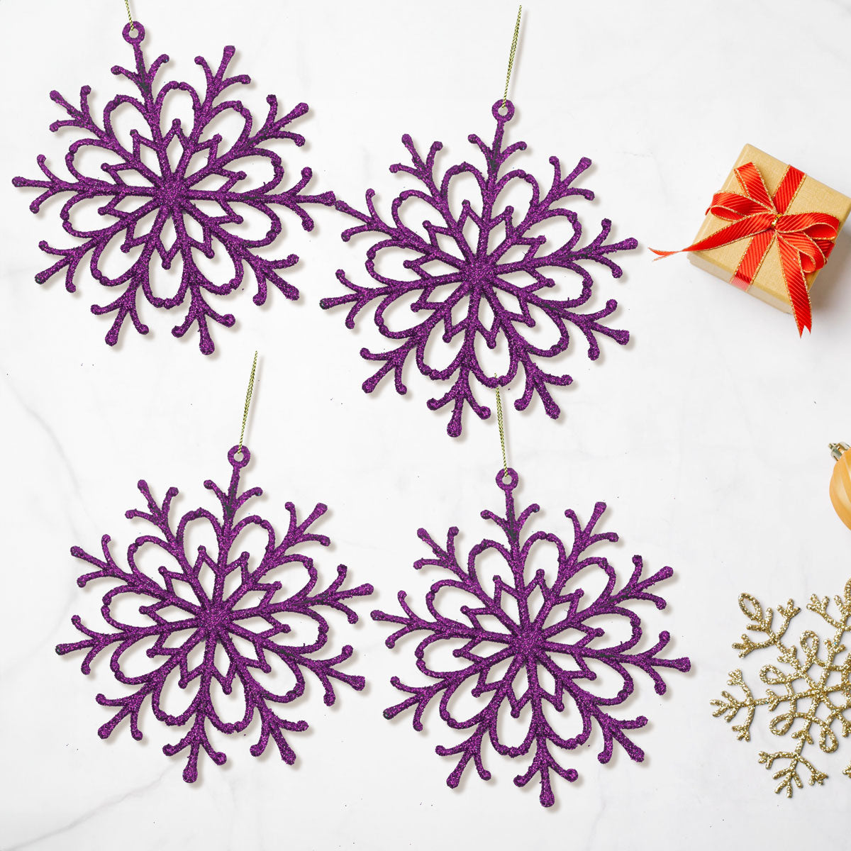 Set de 4 Copos de Nieve color Morado con Glitter