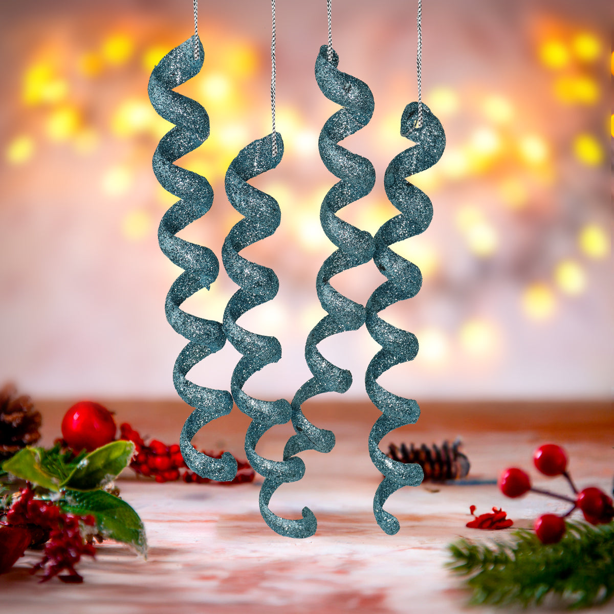Set de 4 Ornamentos Navideños en Forma de Espiral color Azul