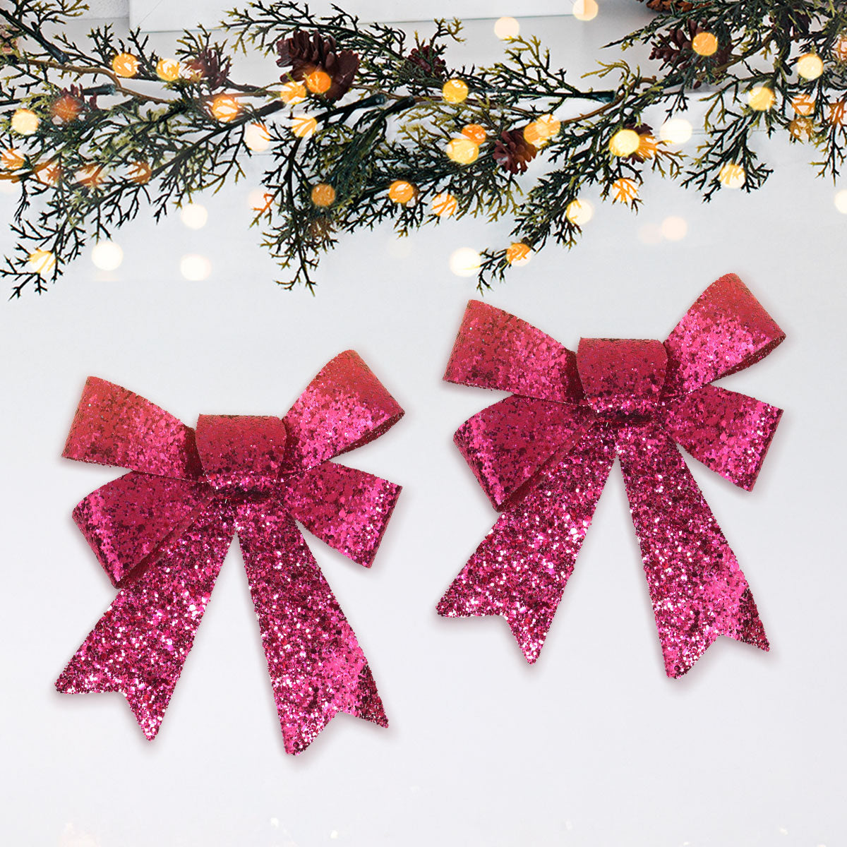 Set de 2 Moños Navideños con Diamantina color Fucsia