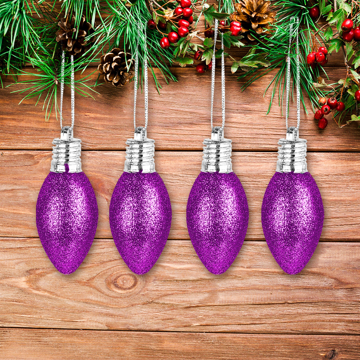 Set de 4 Ornamentos en Forma de Bombilla color Morado