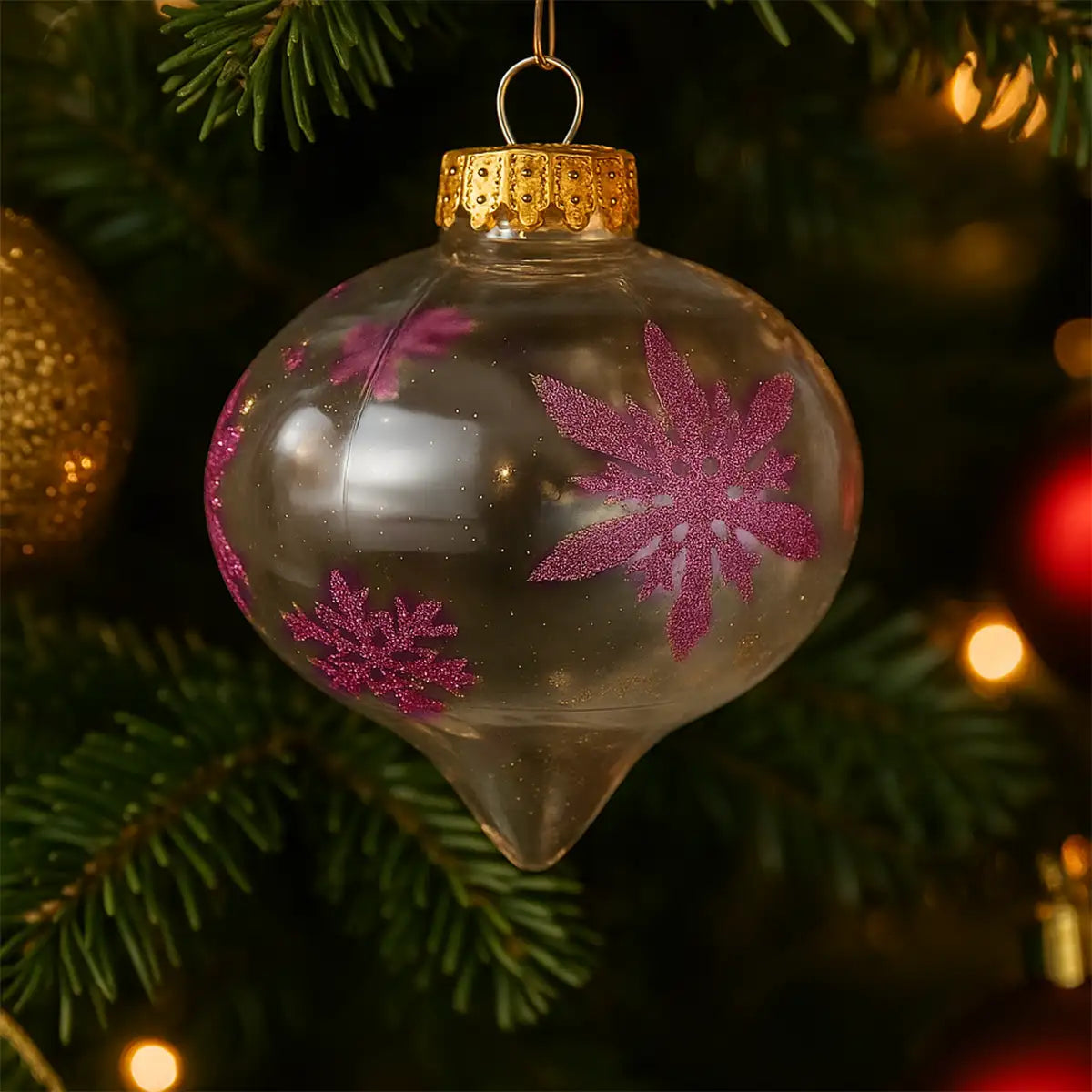 Esfera Onion Transparente Decorada con Copos de Nieve color Vino