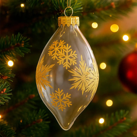 Esfera Alargada Transparente Decorada con Copos de Nieve color Oro