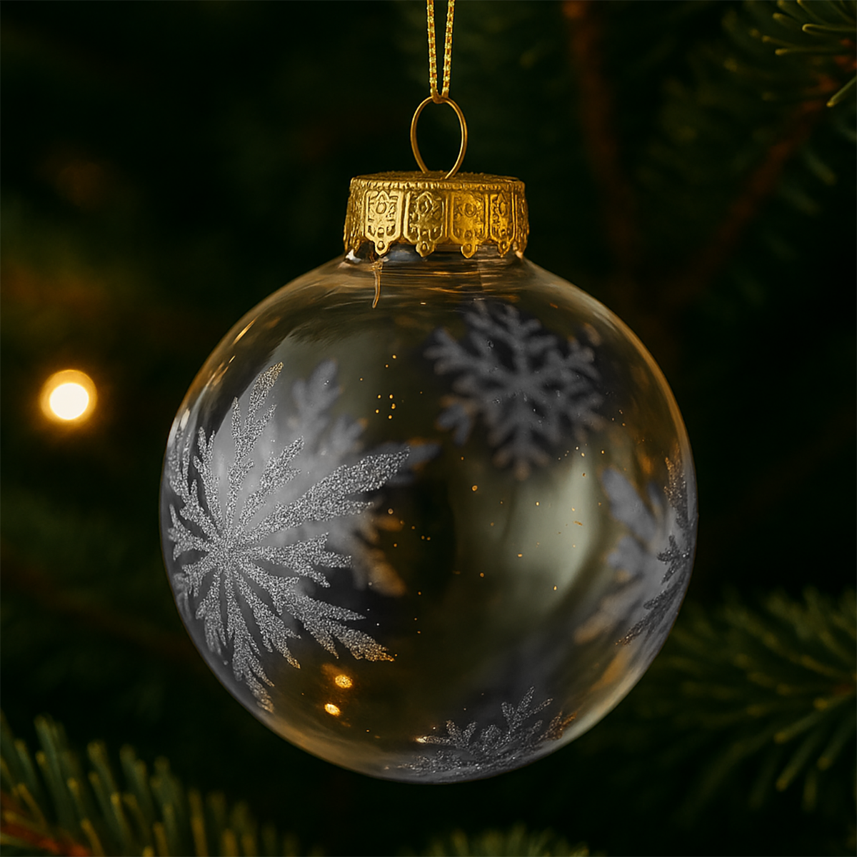 Esfera Redonda Transparente Decorada con Copos de Nieve color Plata