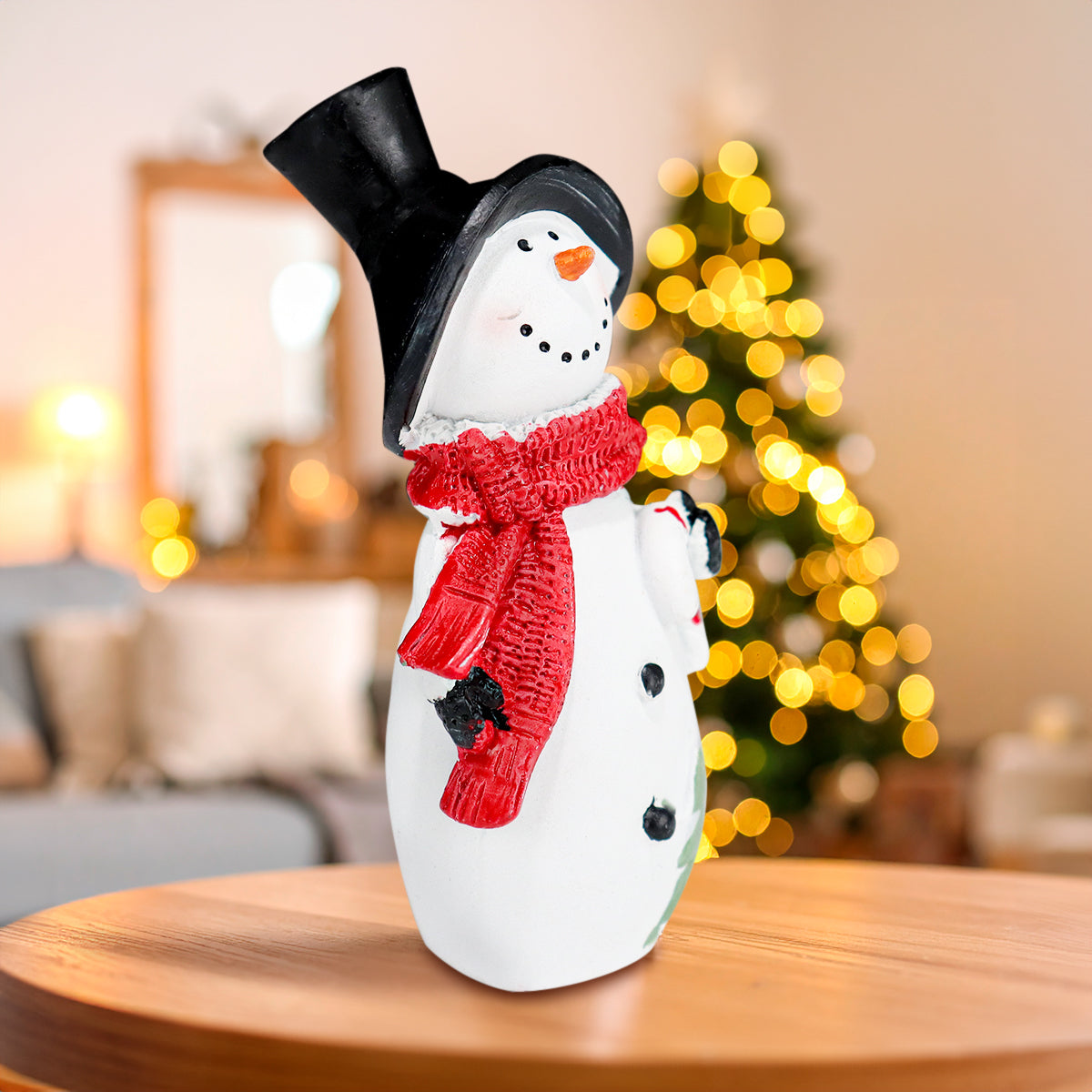 Muñeco de Nieve con Bastón de Dulce, Figura Decorativa de Cerámica