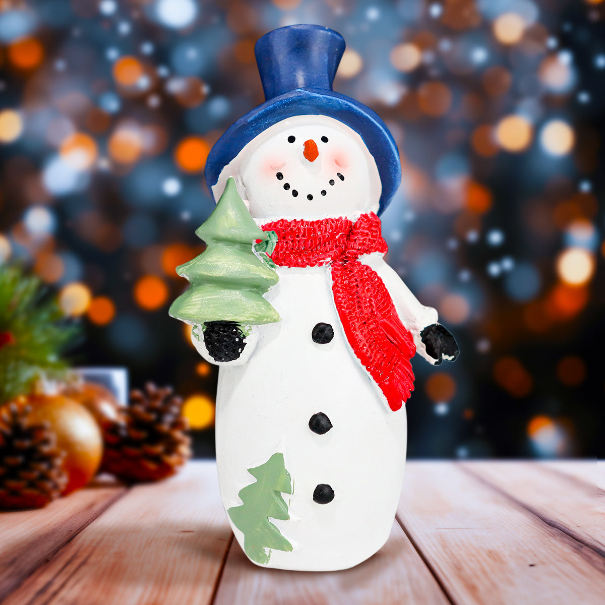Muñeco de Nieve con Pino, Figura Decorativa de Cerámica