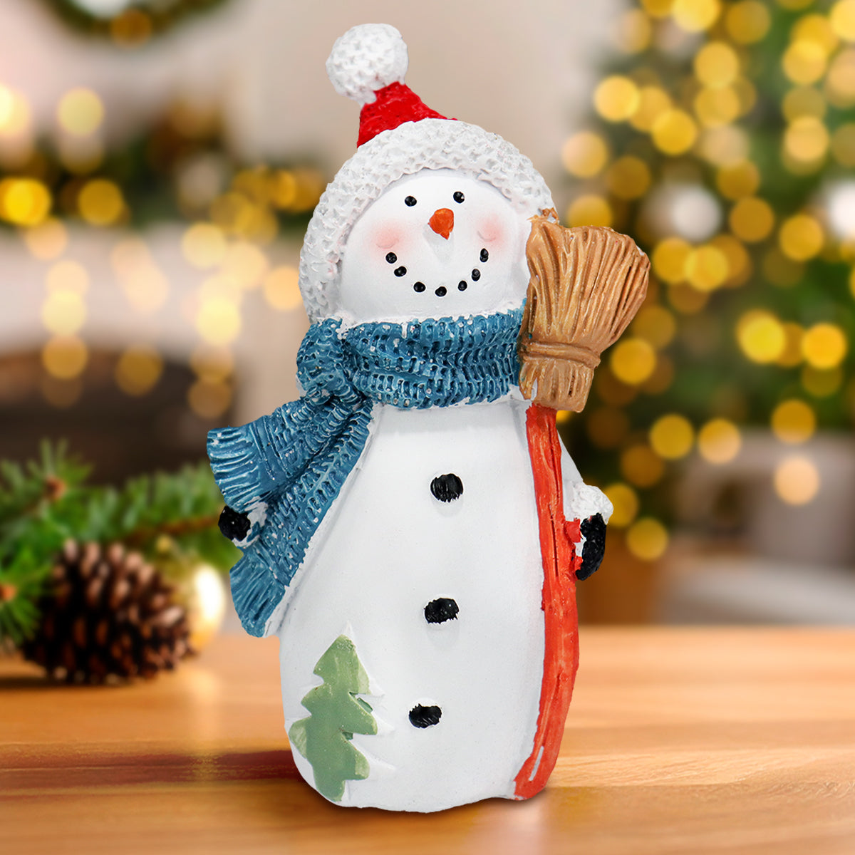 Muñeco de Nieve con Escoba, Figura Decorativa de Cerámica