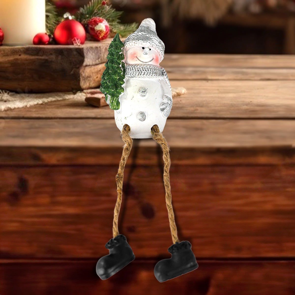 Figura de Muñeco de Nieve con Pino, Piernas Colgantes, Cerámica