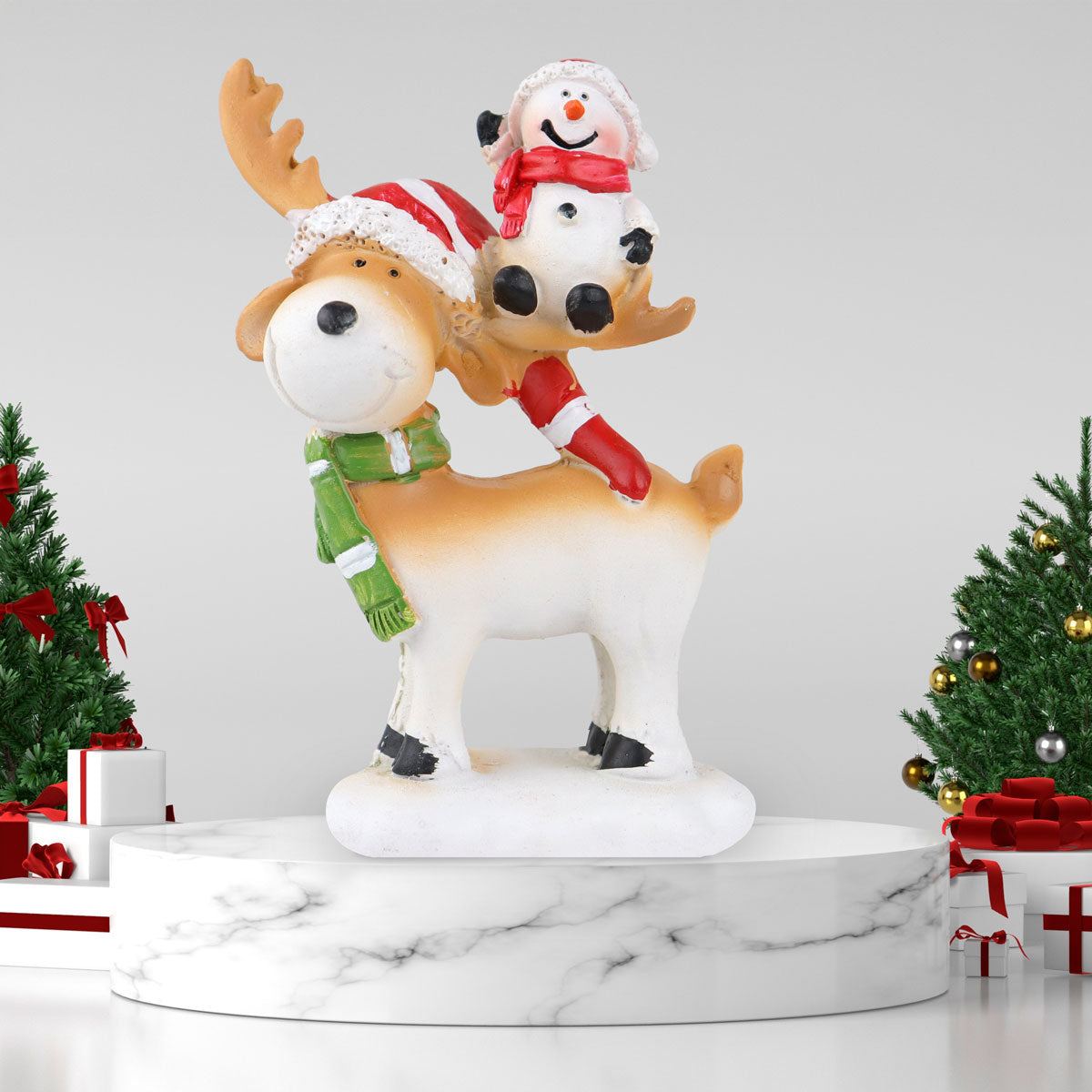 Reno y Muñeco de Nieve, Figura Decorativa de Cerámica