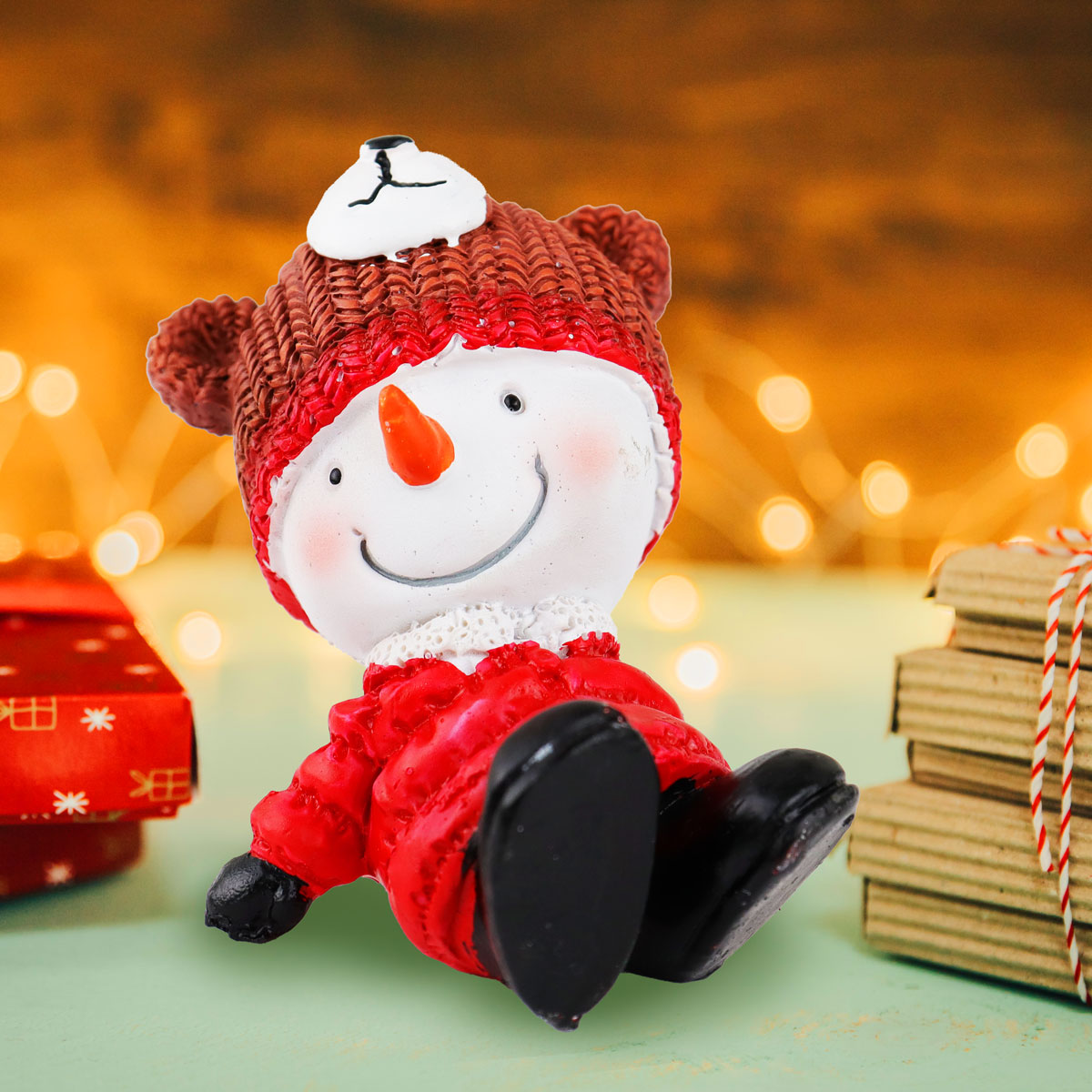 Muñeco de Nieve, Gorro Oso, Figura Decorativa de Cerámica