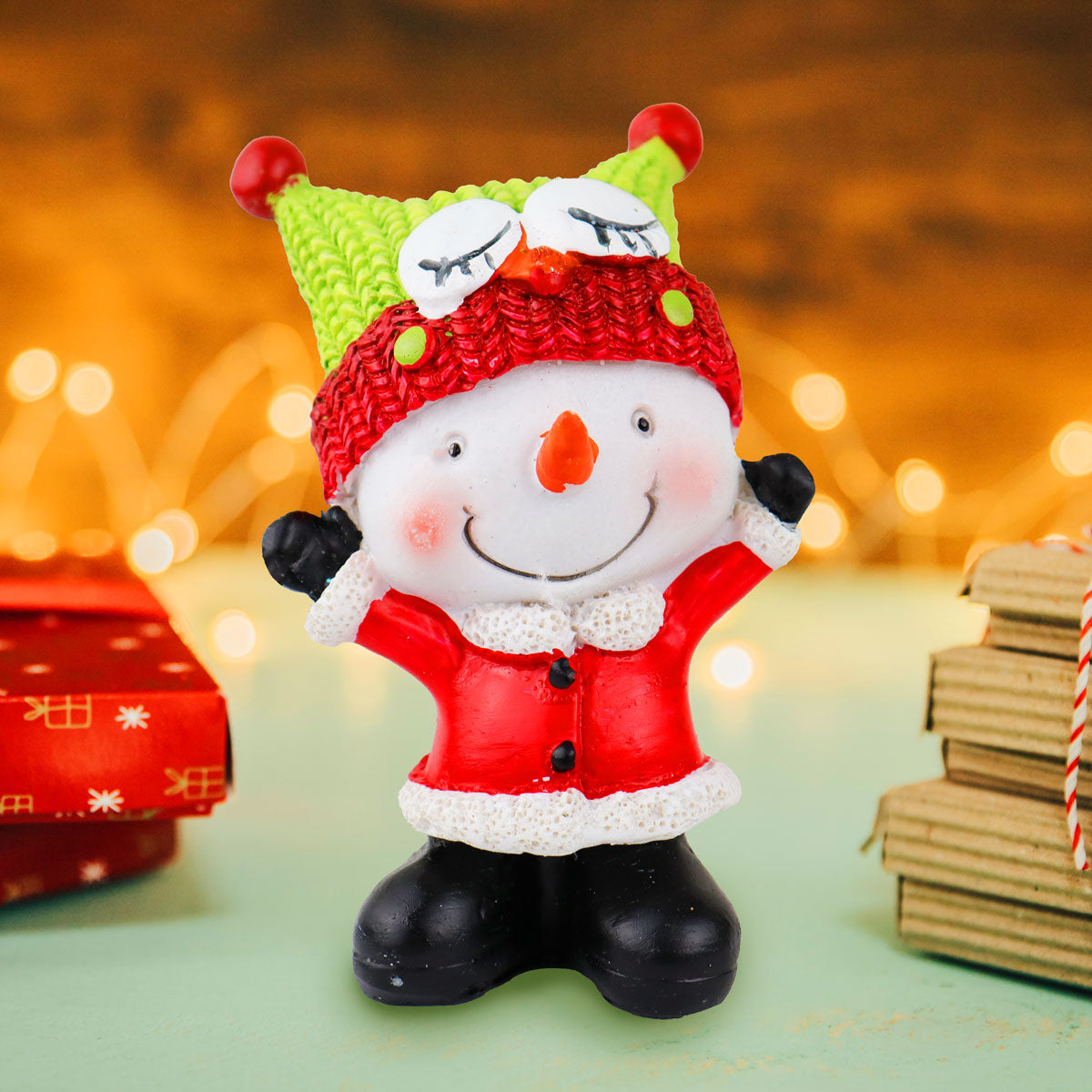 Muñeco de Nieve, Gorro Rana, Figura Decorativa de Cerámica