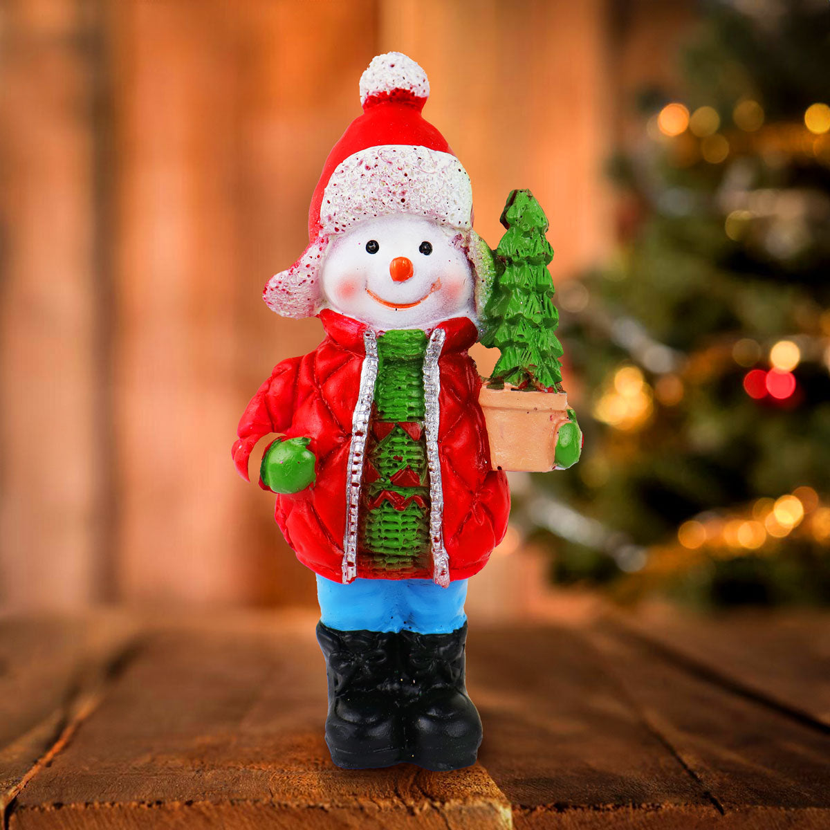Muñeco de Nieve con Árbol, Figura Decorativa de Cerámica