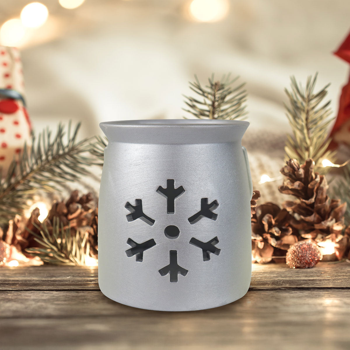 Portavelas, Diseño Copo de Nieve, Cerámica, Color Plata
