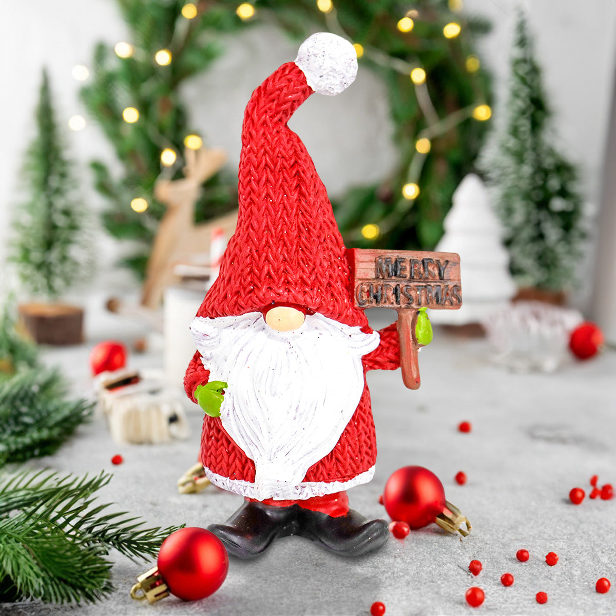 Gnomo "Merry Christmas", Figura de Cerámica, Color Rojo