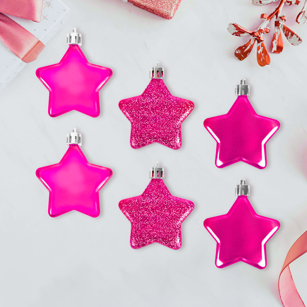 Set de 6 Mini Estrellas Navideñas color Rosa