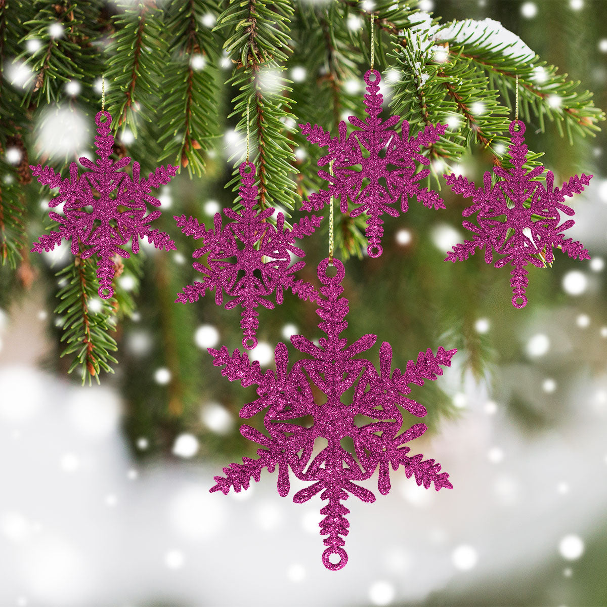 Ornamento Copo de Nieve con Glitter, Color Morado, 5 pzas