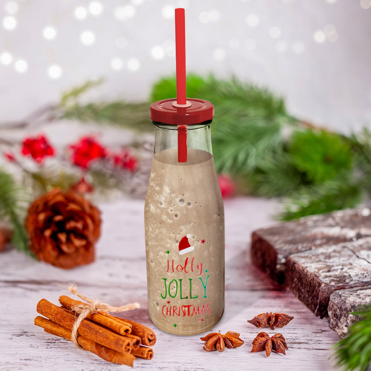 Botella de Vidrio con Tapa y Popote, Holly Jolly Christmas