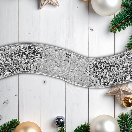 Listón Navideño Ribbon color Plata con Glitter