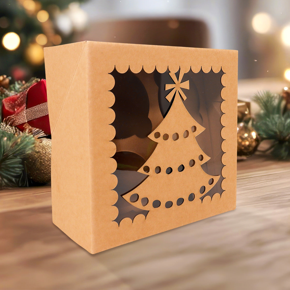 Caja de Papel Kraft con Diseño de Árbol Navideño para Dulces