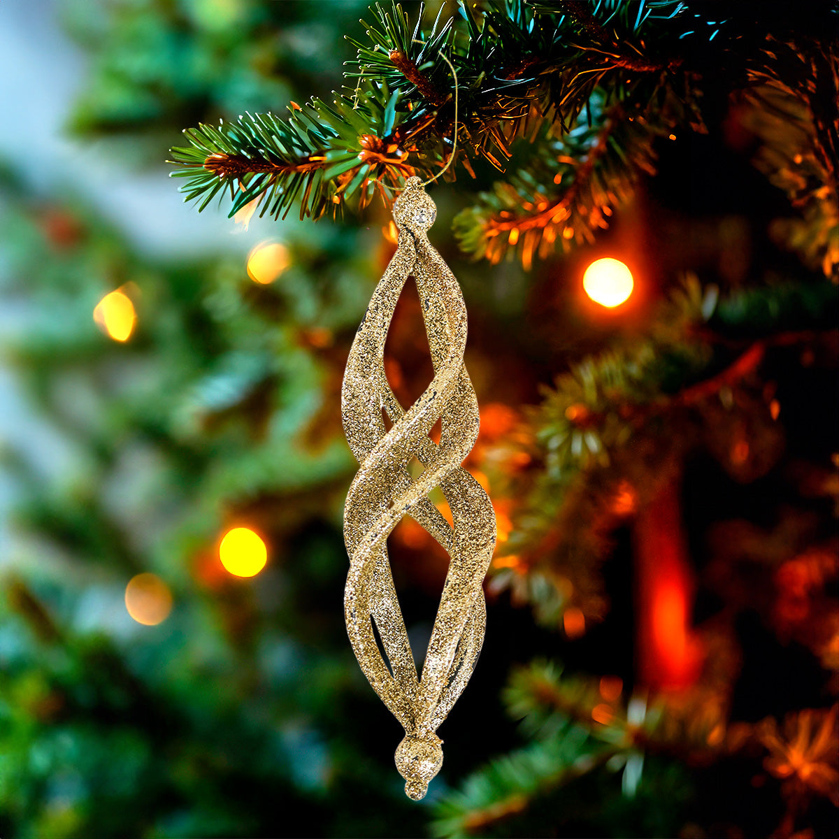 Ornamentos Navideños con Glitter, Forma Alargada, Color Dorado, 2 pzas