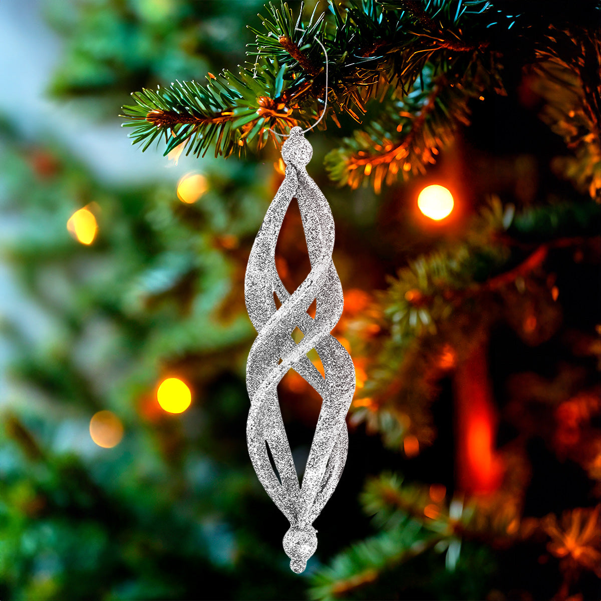 Ornamentos Navideños con Glitter, Forma Alargada, Color Plata, 2 pzas