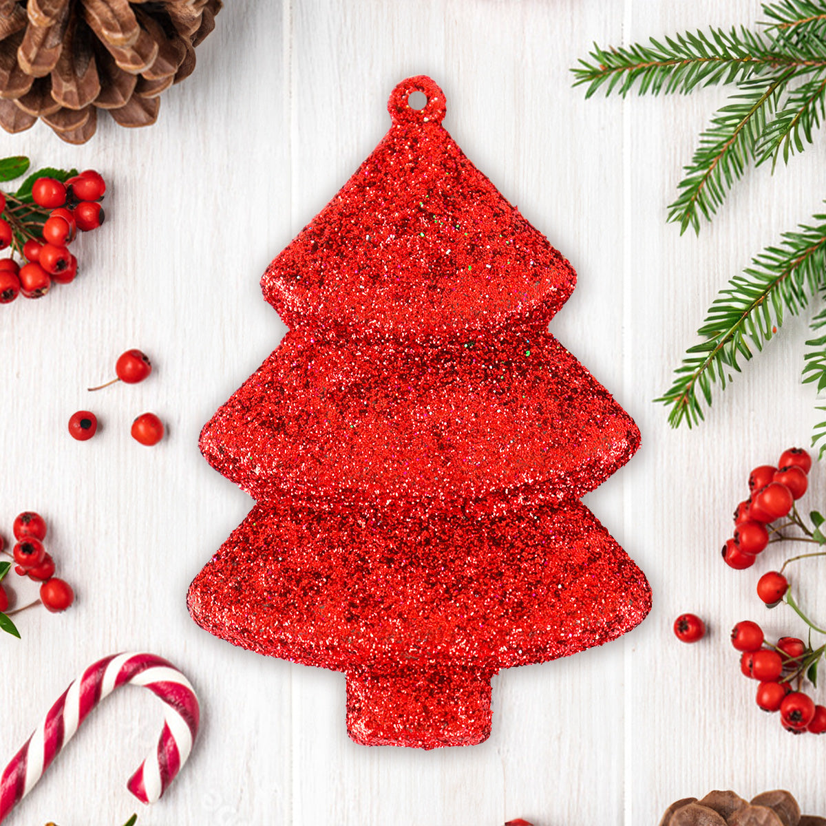 Set Mini Árbol Navideño con Glitter, Color Rojo, 5 pzas