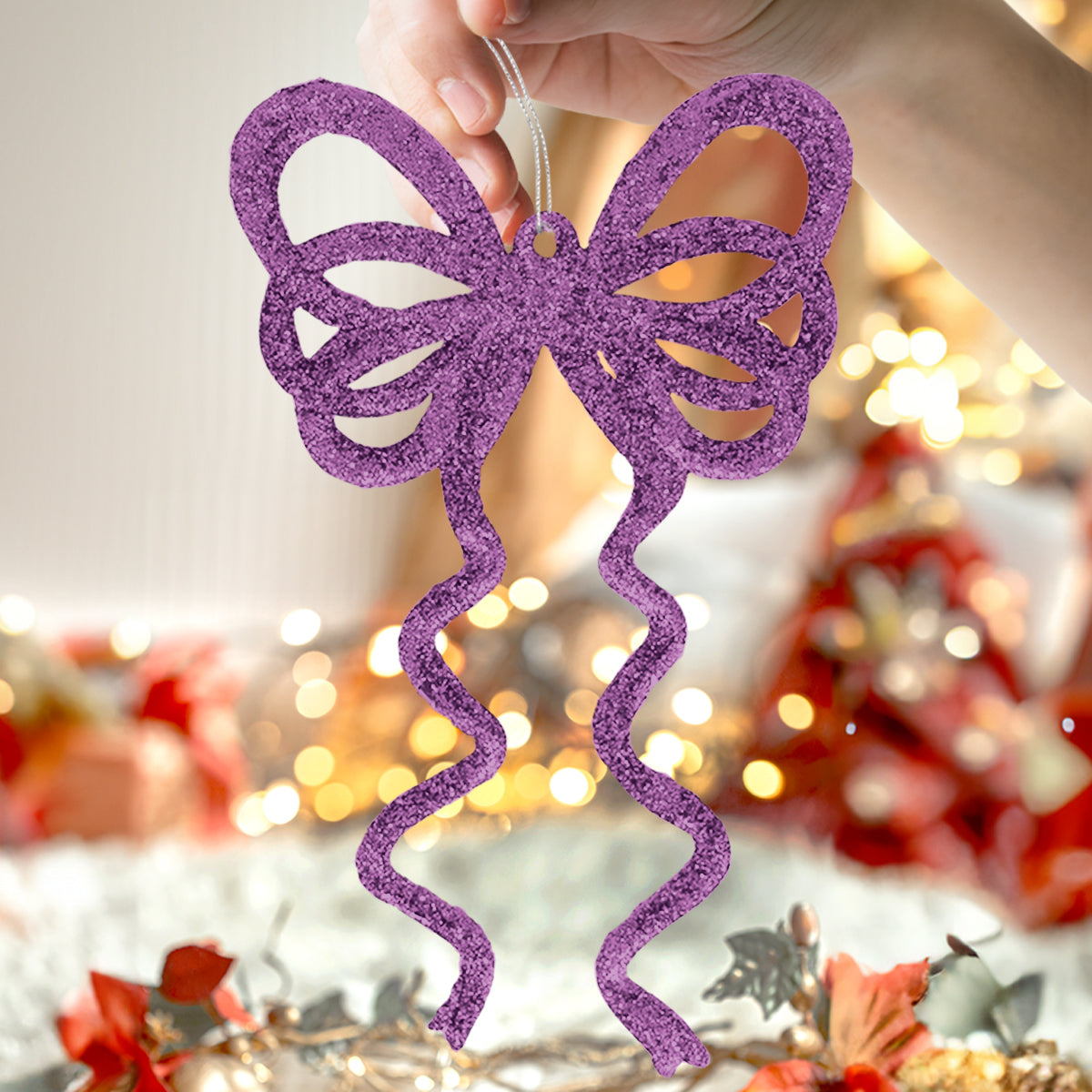 Ornamento Moño con Glitter, Color Morado, 4 pzas