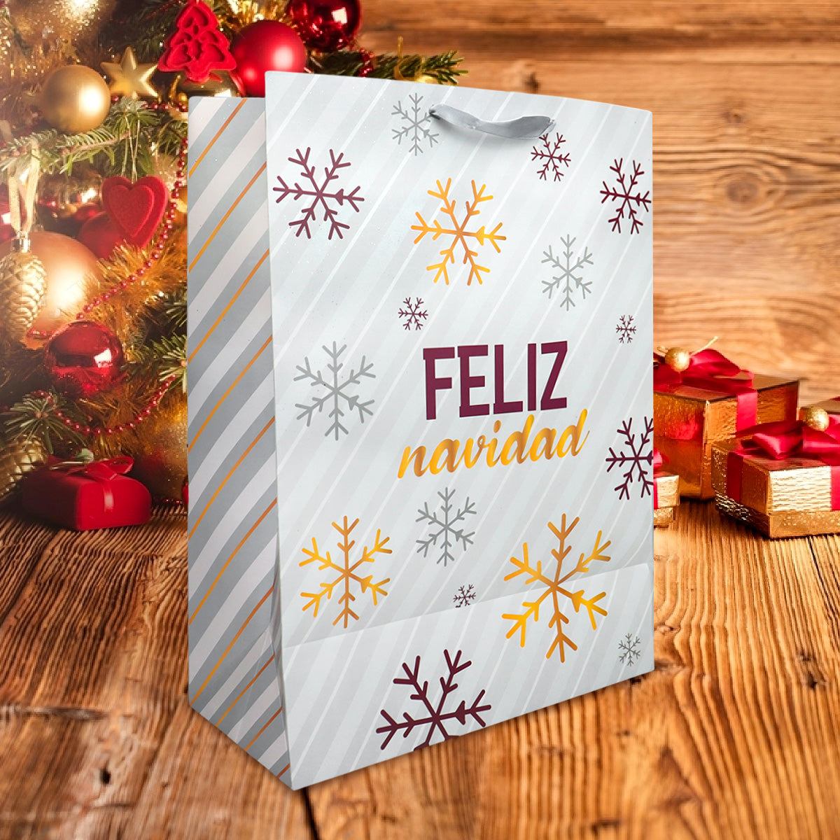 Bolsa de Regalo Navideña color Blanco/Gris, Feliz Navidad