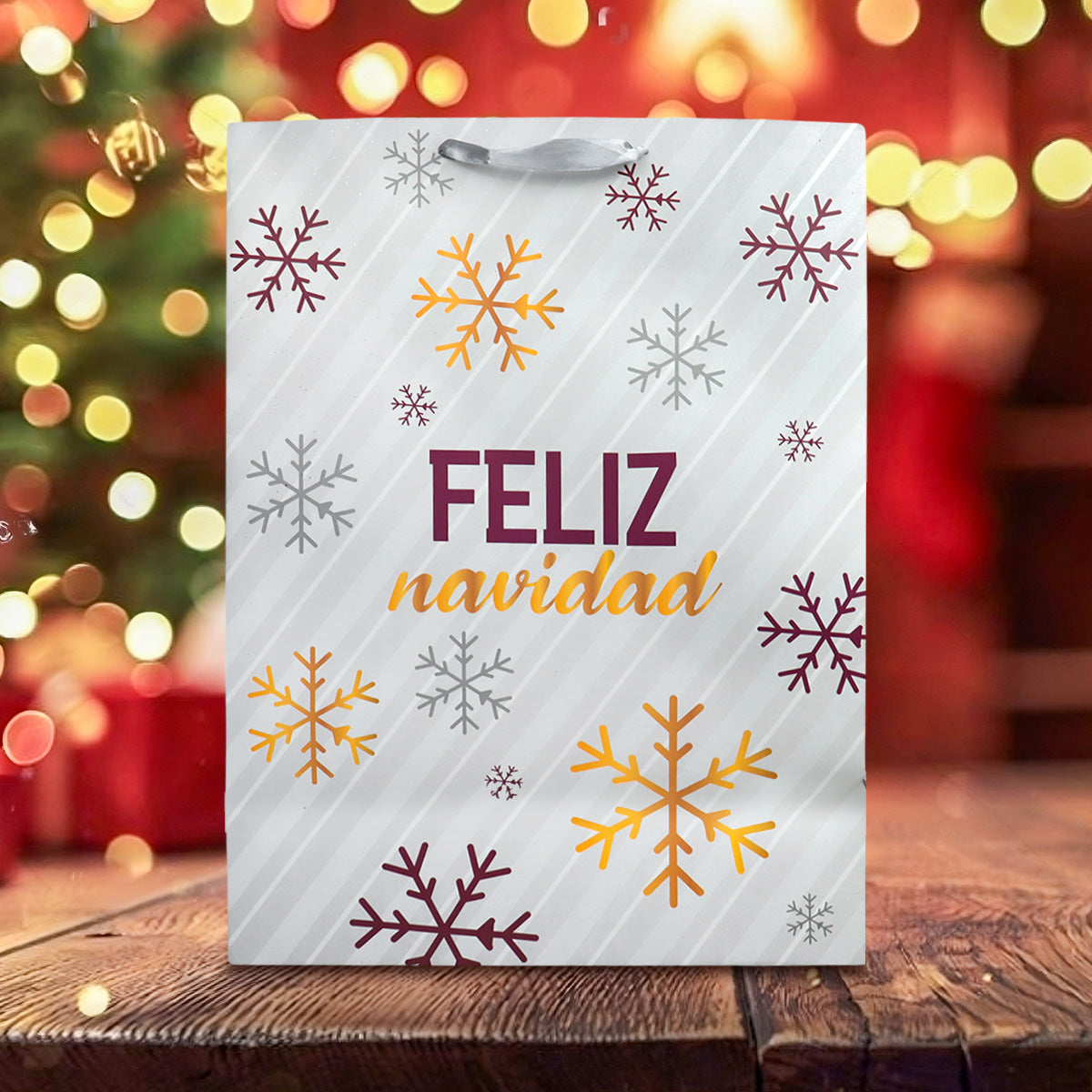 Bolsa de Regalo Navideña color Blanco/Gris, Feliz Navidad