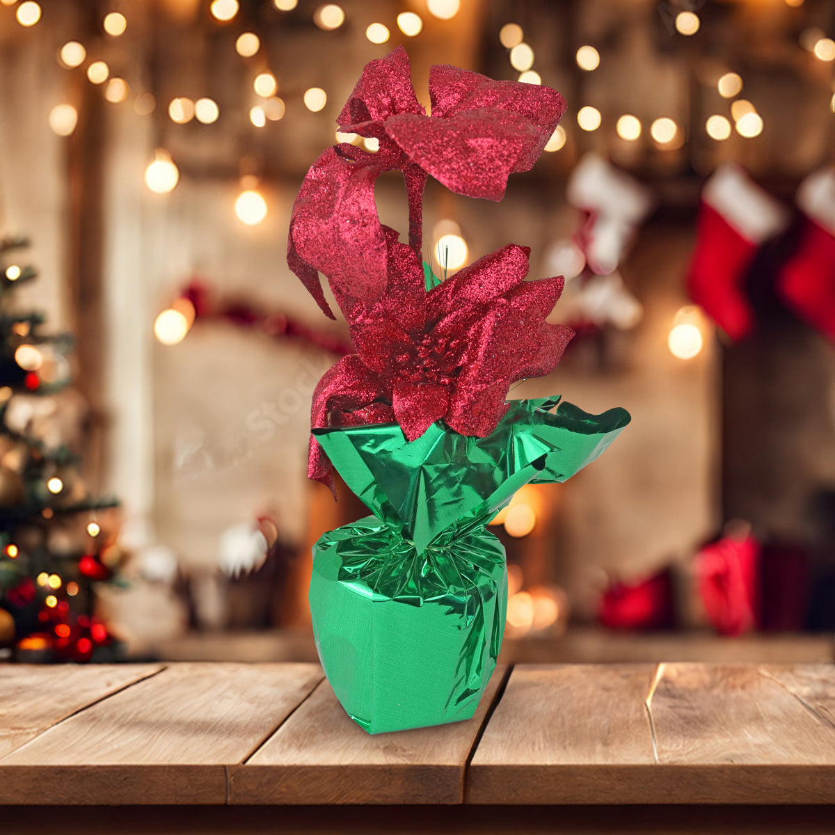 Flores de Nochebuena Artificial color Rojo con Maceta Decorativa
