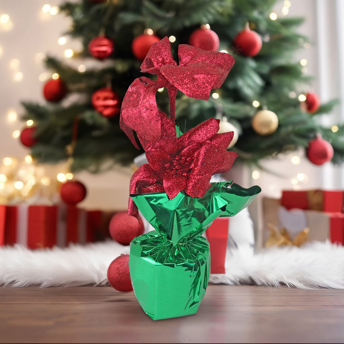 Flores de Nochebuena Artificial color Rojo con Maceta Decorativa