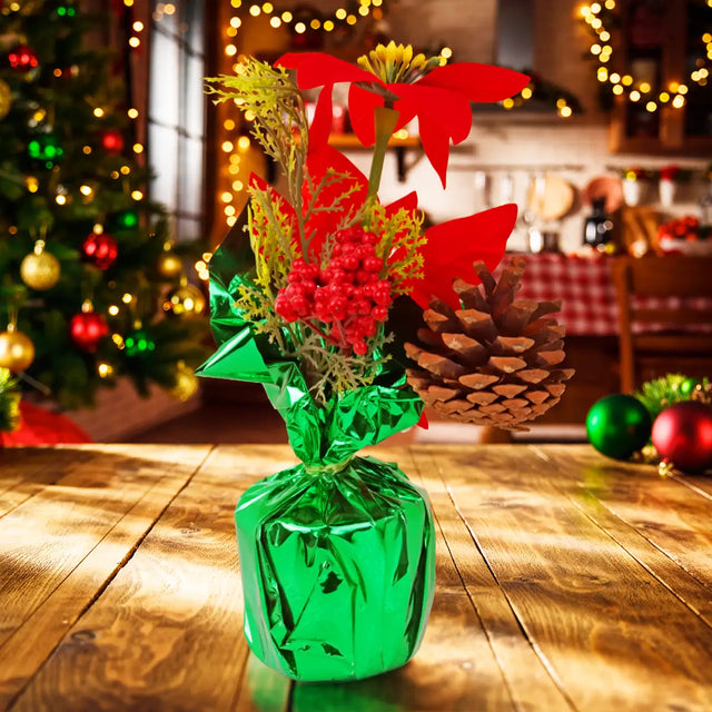 Maceta Brillante Color Verde con Nochebuena Artificial, 25 cm