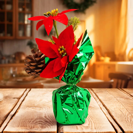 Maceta Brillante Color Verde con Nochebuena Artificial, 25 cm