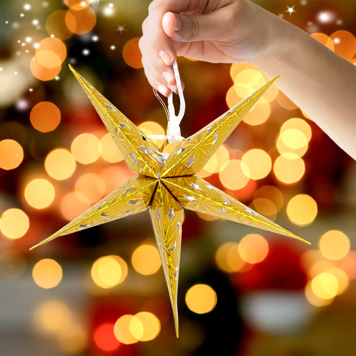 Farol de Papel en Forma de Estrella con Luz LED, Color Dorado