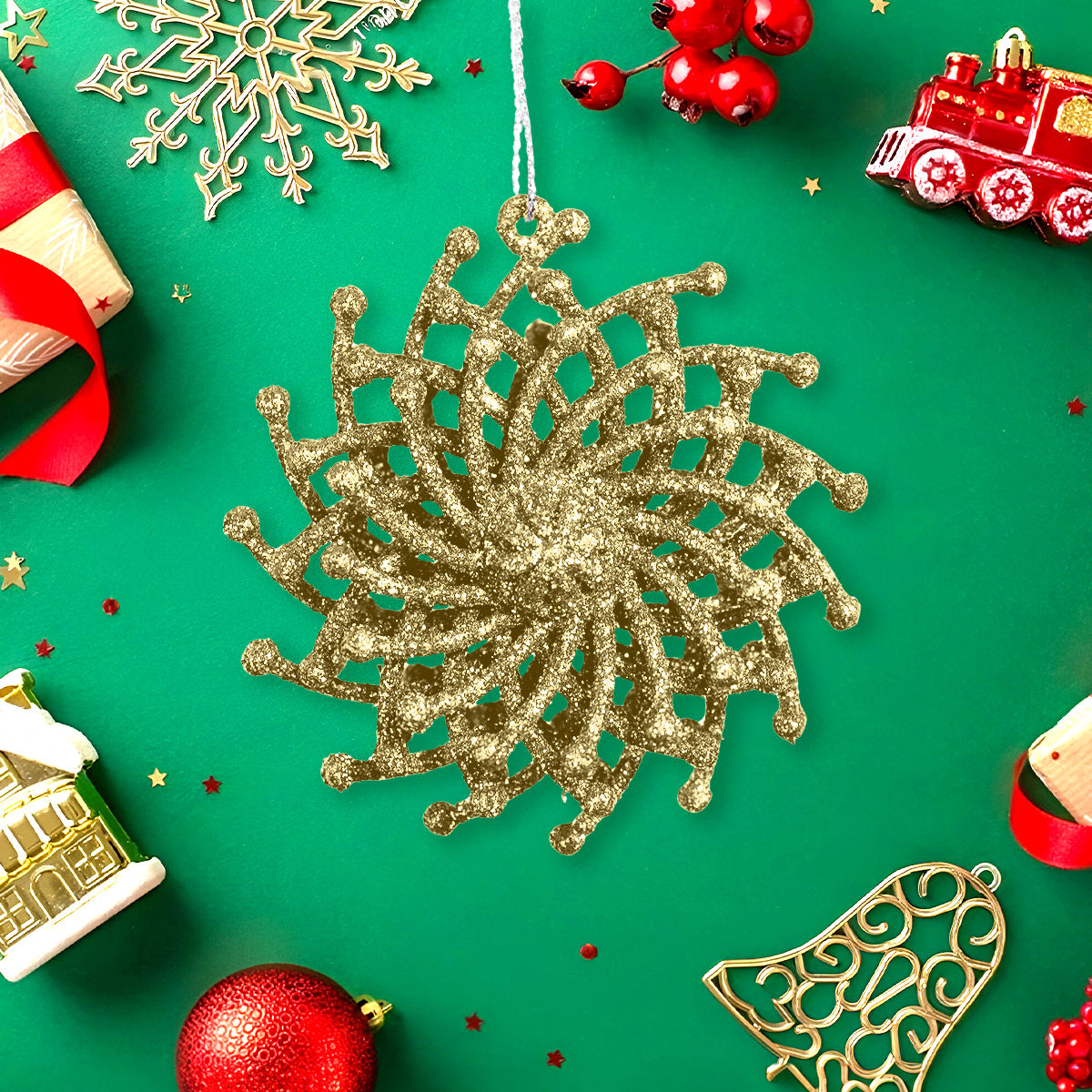 Ornamentos Navideños con Glitter, Color Oro, 6 cm