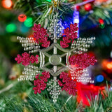Copo de Nieve, Ornamento Navideño Plástico y Glitter, Color Rojo