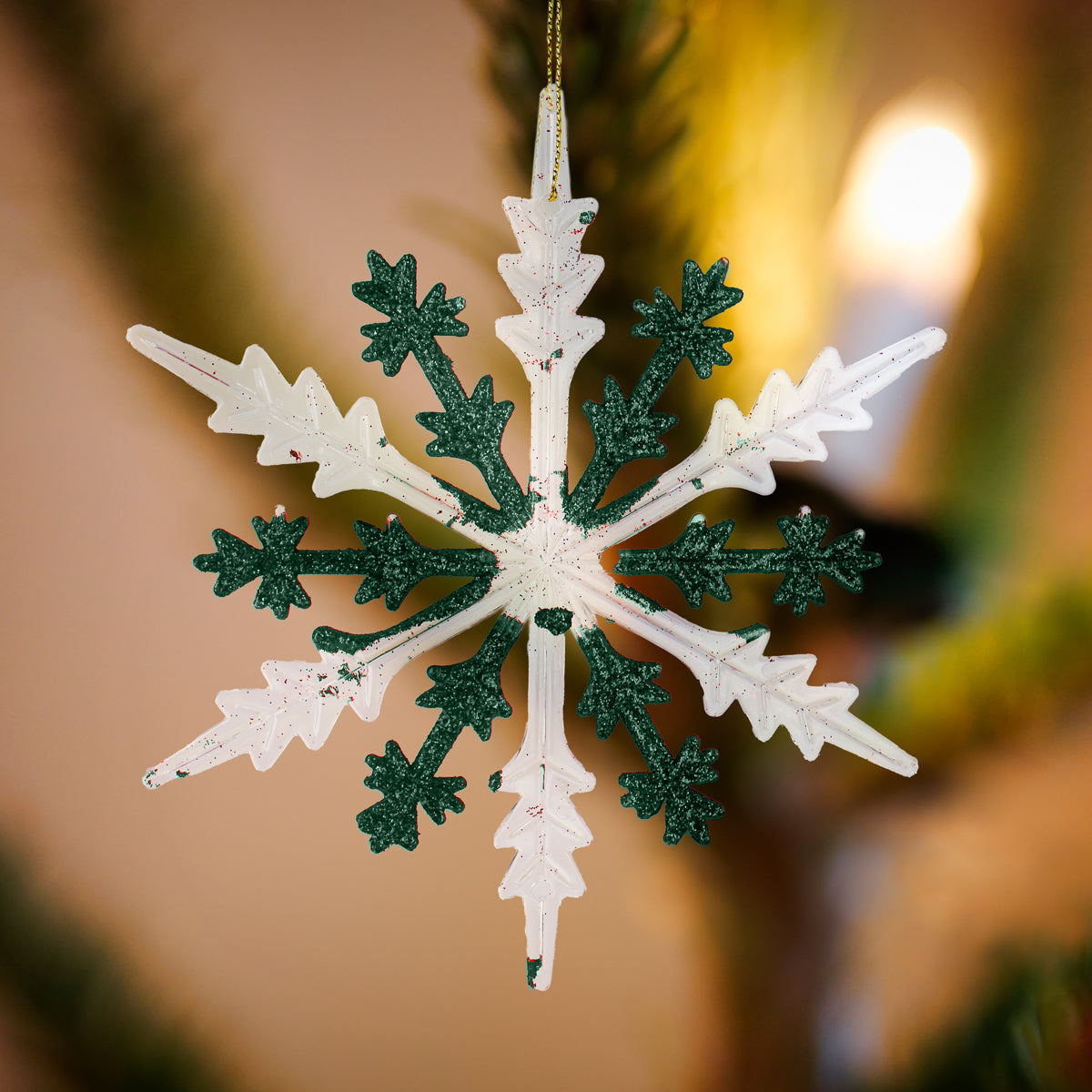 Copo de Nieve, Plástico y Glitter, Color Verde, 16 cm