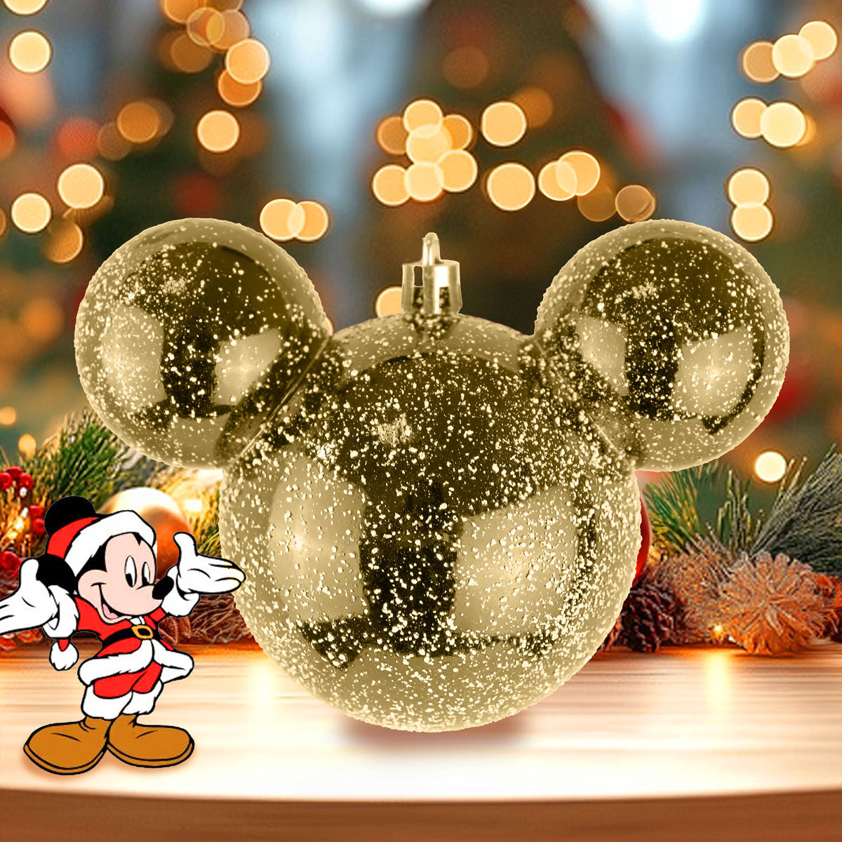 Esfera, Mickey Mouse, Efecto Nevado, Color Dorado