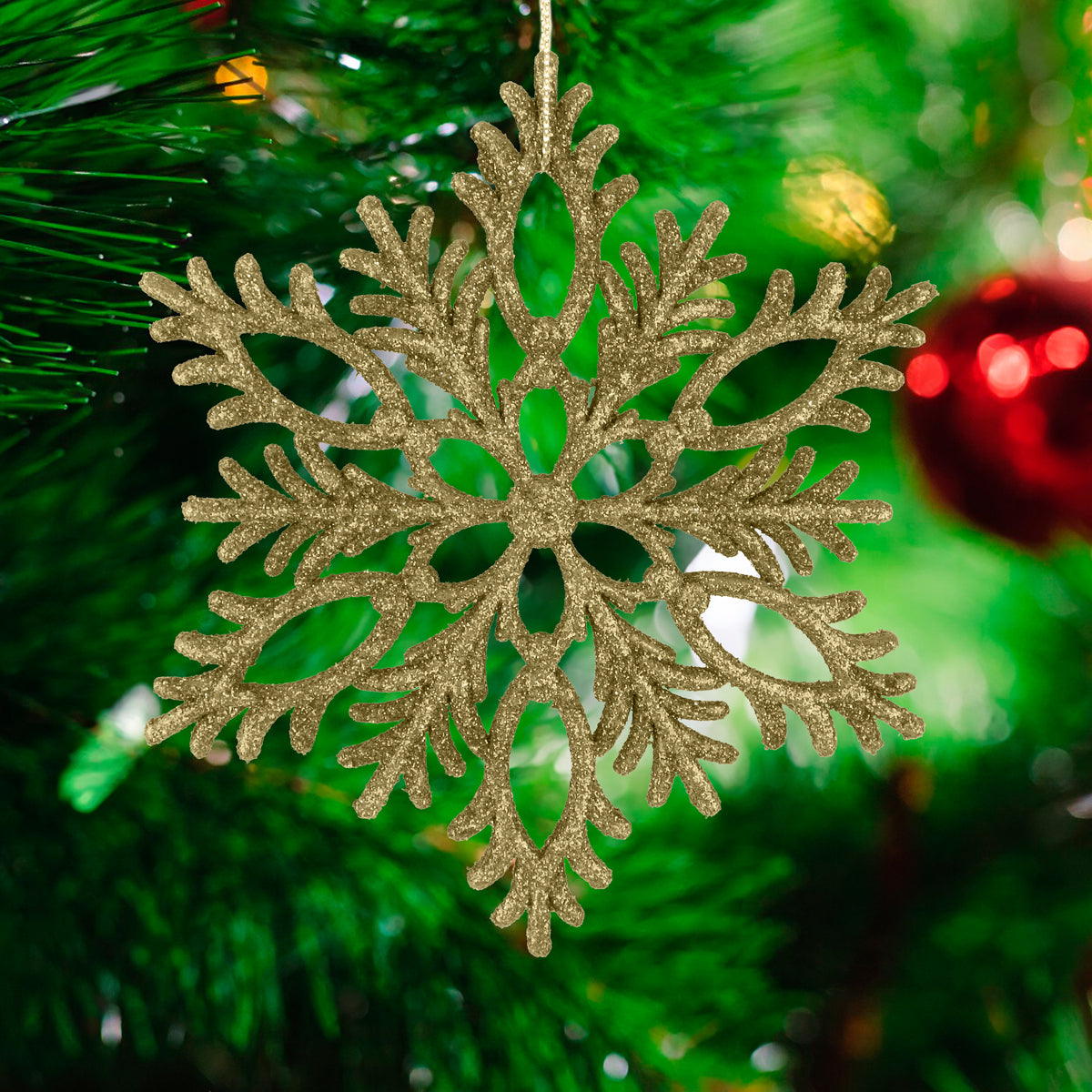 Copo de Nieve, Ornamento Navideño con Glitter, Color Dorado