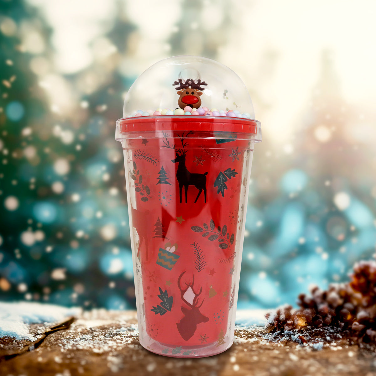 Vaso Navideño de Plástico con Tapa, Reno