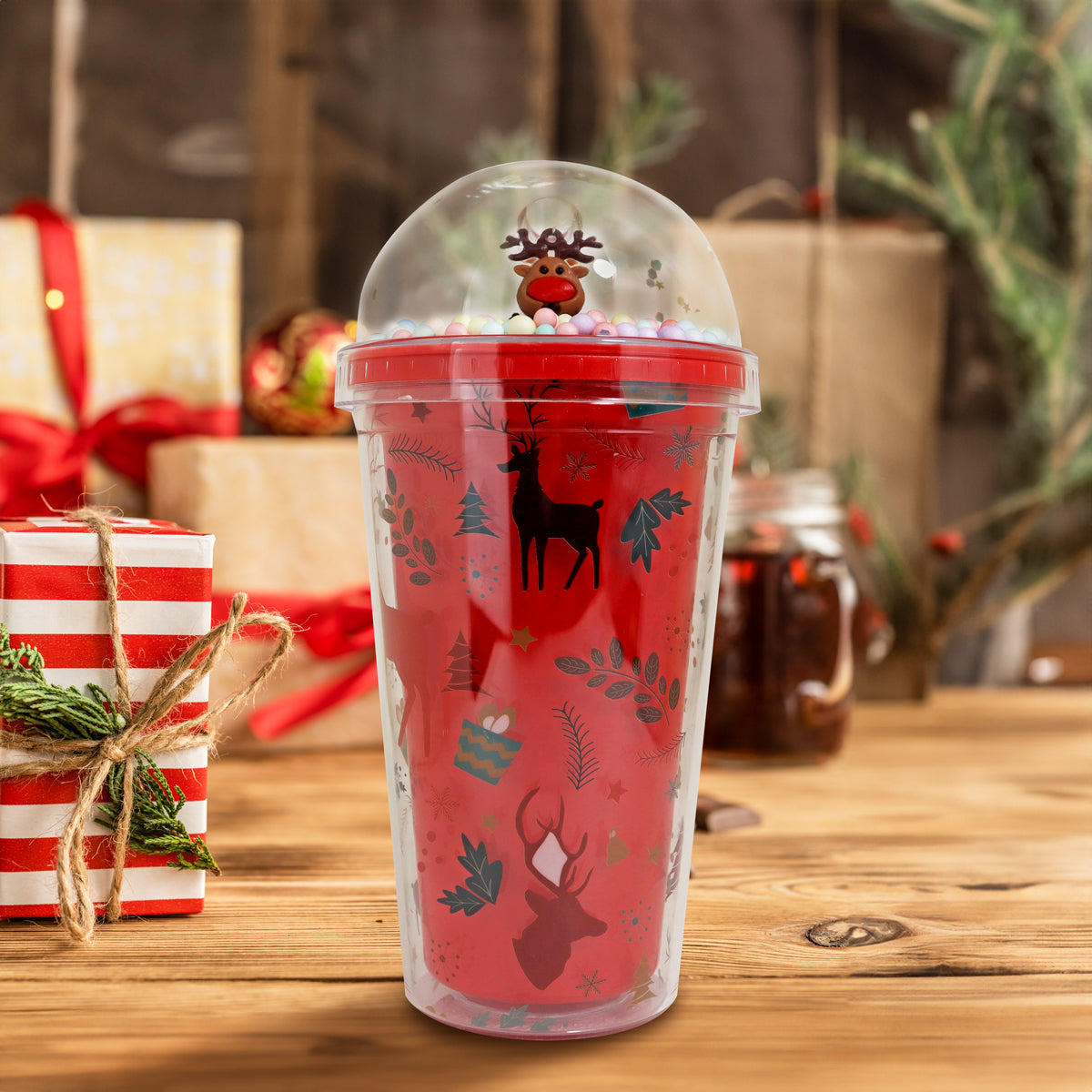 Vaso Navideño de Plástico con Tapa, Reno