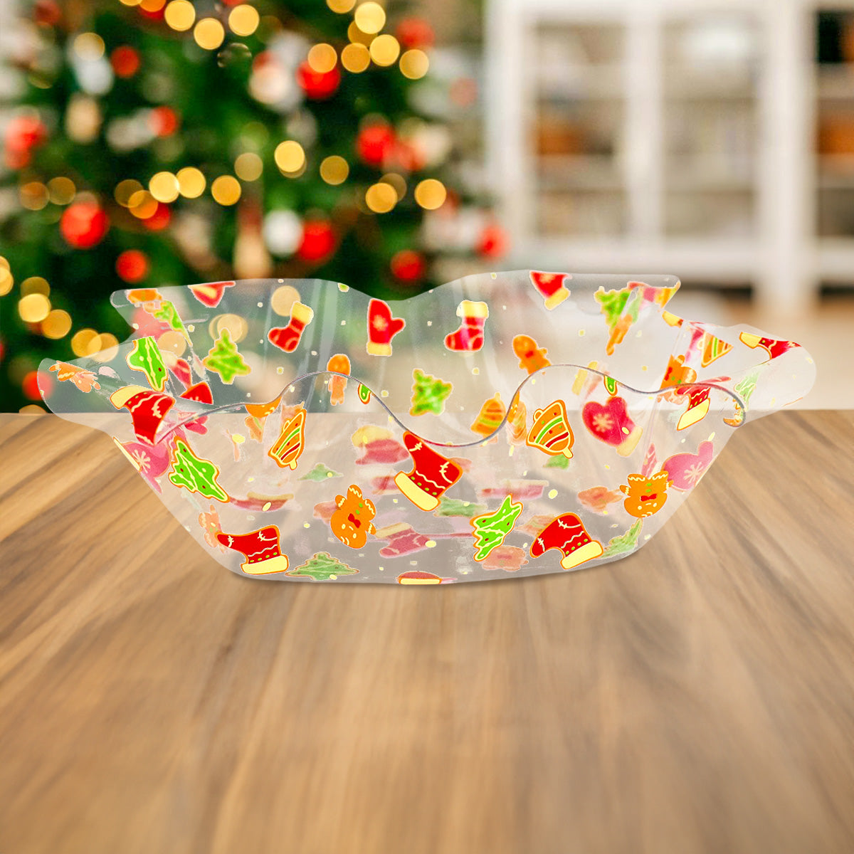 Plato de Plástico Navideño con Efecto Celofán, Diseño Galletas de Jengibre